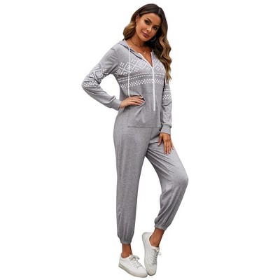 Womens Loose Fit Jumpsuit Nordic Print Hooded Jumpsuit wtih Front Zipper Elastic Ankle Jogger Jumpsuits