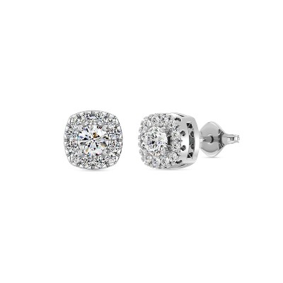 GILDED 1/4, 1/2, 1 Carat Total Weight Lab-Grown Diamond Cushion Halo Shaped Stud Earrings in Sterling Silver & 14KT Yellow Gold-Plated Silver