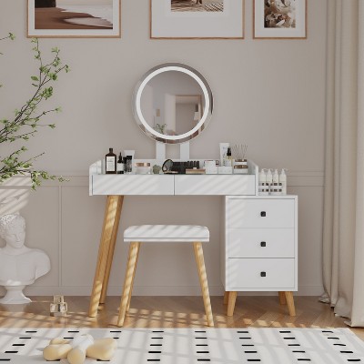 Large White Vanity Tables with Mirror and Light