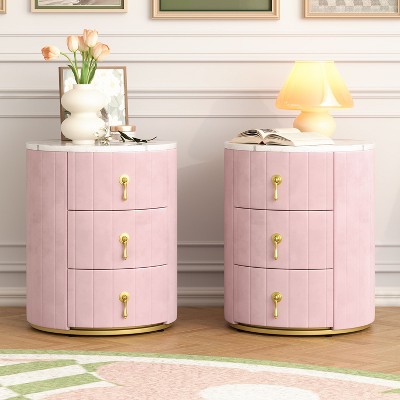 Kumasinova Luxury 1PC/2PCS Modern Nightstand with Metal Handles,Round Night Stand with Drawers,Bedside Table with Marble Top,Bedroom Furniture