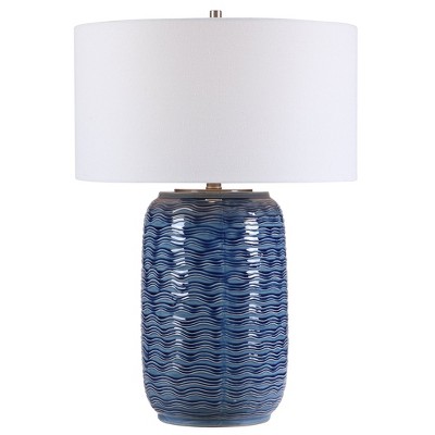 Uttermost Sedna Blue Table Lamp – 27” Coastal Ceramic Lamp with Wavy Texture and Brushed Nickel Accents