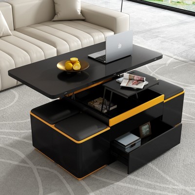 TIRAMISUBEST Multi-Functional Lift-Top Coffee Table with Drawer & 4 Storage Stools, Modern Center Table with Foldable Top