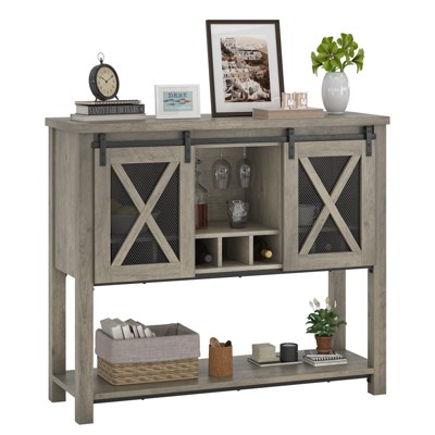 Coffee Bar Cabinet, Table Buffet Storage Cabinet with Wine Glass Rack, Farmhouse Entryway Table with Sliding Barn Doors