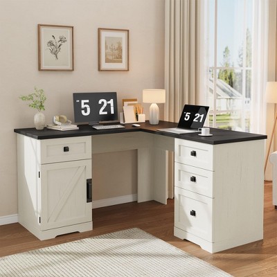 60" Executive L Shaped Desk, Home Office Desk with File Drawers and Storage Cabinet, Corner Computer Desk with Adjustable Side Storage Cabinet