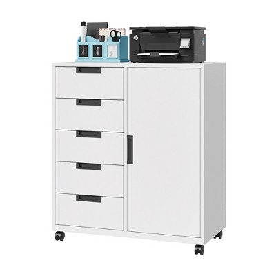 Mlezan 5-Drawer Storage Cabinet: Mobile Printer Stand with Shelves and Door. Dresser Chest for Home Office Organization and Storage.