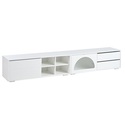 PDTEND Modern TV Stand with Fluted Glass Door for TVs Up to 100", Media Console with Sliding Door & 2 Drawers, White