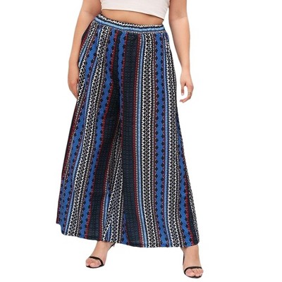 Women's Plus Size Summer Casual Striped Wide Leg Pants Elastic Waist Bohemian Palazzo Pants Work Trousers with Pockets