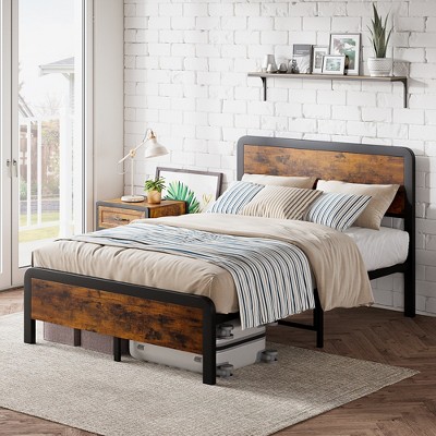 Bed Frame with Rustic Vintage Wood Headboard, Safe Rounded Corners & Strong Metal Slats Support