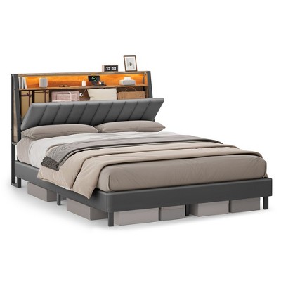 VASAGLE LED Bed Frame Full/Queen Size with Storage Headboard and Charging Station