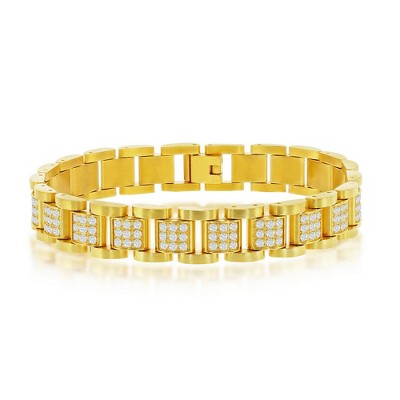 Metallo Mens Stainless Steel CZ Square Link Bracelet - Gold Plated - Gold - 8.5 Inch