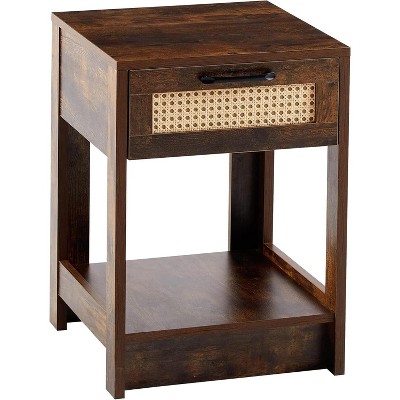Nightstand, Rattan Decor Drawer with Drawer and Open Shelf, Mid Century Modern End Table, Wood Nightstand for Bedroom,Living Room