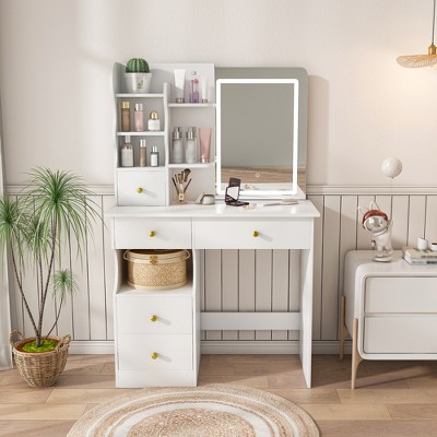 Vanity with Mirror, Belt LED Light, 5-Drawer Dressing Table Makeup vanities, Movable and Hidden Mirror, 3-Color Mode