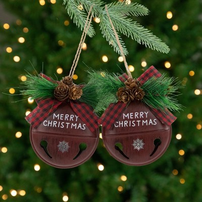 Northlight Jingle Bell "Merry Christmas" Disc Christmas Ornaments - 5" - Burgundy - Set of 2