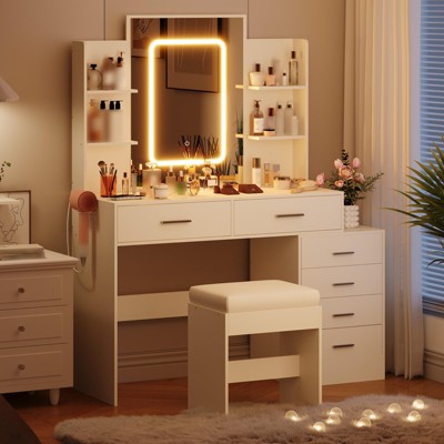 Vanity Desk with Mirror, LED Lights, Power Outlet, Makeup Vanity Table with 6 Drawers