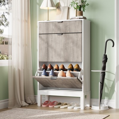 Garvee Shoe Storage Cabinet with 2/3/4 Flip Drawers,Farmhouse Fluted Shoe Organizer,Freestanding Hidden Slim Narrow Shoe Rack for Entryway,Foyer