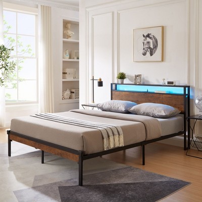 NicBex Metal Platform Bed Frame with Wooden Storage Headboard,Built in Charging Station and LED,No Box Spring Needed,Easy Assembly,Black+Brown