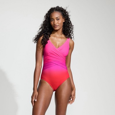 Lands' End Women's D-Cup Slender Tummy Control Chlorine Resistant V-neck Wrap One Piece Swimsuit