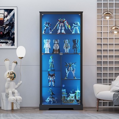 Fredees Glass Door Display Cabinet, 67.8" Adjustable Display Shelf with Curio Cabinet, Tall Bookcase with LED Lights & Motion Sensor for Toys & Books