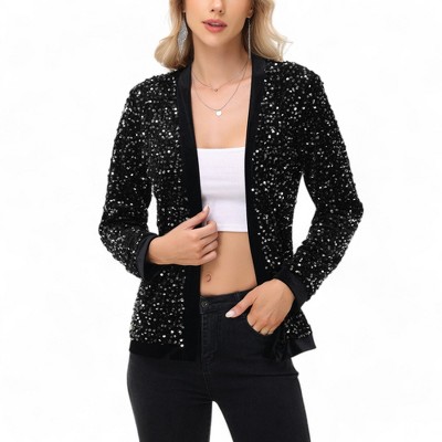 Anna-Kaci Women's Long Sleeve Open Front Sequin Jacket with Satin Trim
