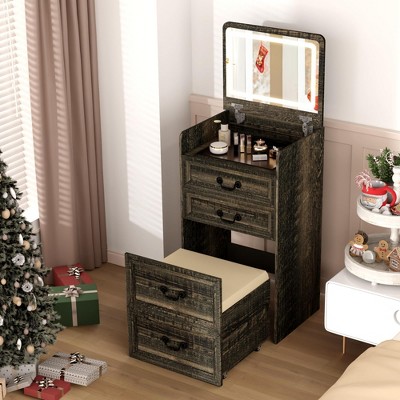 Sevobal Vanity Tables Makeup Vanity, 3-in-1 Vanity Desk with Flip-Top Mirror, Hidden Stool & Visible Glass Desktop, Brown