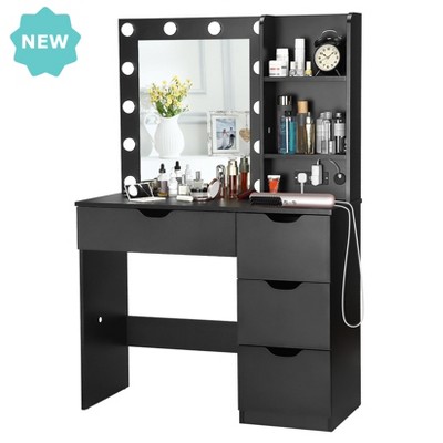 Jojoka Makeup Vanity Desk with Mirror, LED Lights, 3 Adjustable Brightness Modes, 4 Drawers, 2 Shelves, Charging Station, Modern Bedroom Dresser