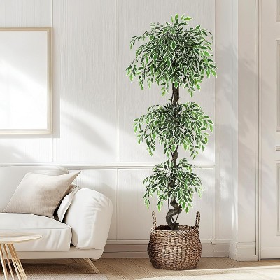 Artificial Ficus Tree for Home Decor Indoor,Faux Floor Tree White Imitation Ceramic Planter with Pebbles & Green Fake Moss for Office