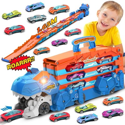 Terramus 3 in 1 Ejection Folding Track Toys Portable Truck with 8 Race Cars Carrier Vehicles Toys Set for Boys Girls 3-6