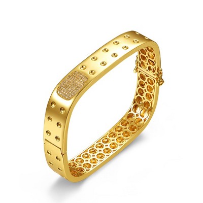 14K Gold-Plated Bangle Bracelet with Cubic Zirconia and a textured geometric square design, combining modern elegance with radiant sparkle.
