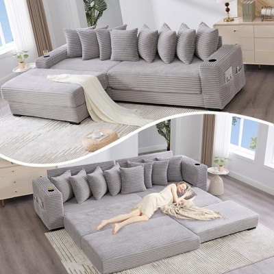 110.75" Modular L-Shaped Sofa Bed, Corduroy Sectional Couch with Footstool, 8 Pillows, Cup Holders & Side Pockets, Sleeper Sofa for Living Room