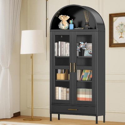 73" Tall Arched Metal Storage Cabinet with Glass Doors,Freestanding Pantry Cabinet with Adjustable Shelves, Bookshelf for Dining/Living Room
