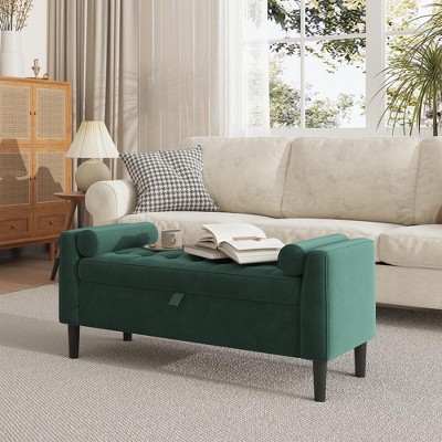 46.5" Bedroom Storage Bench, Velvet Upholstered Tufted End of Bed Bench with 2 Pillows & Rolled Arms
