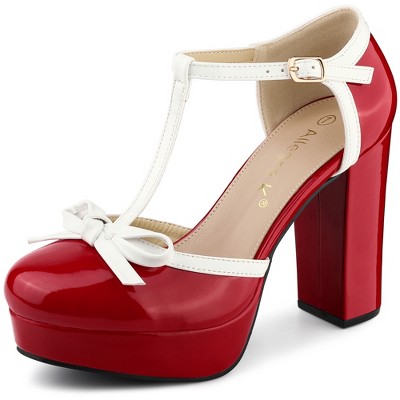 Allegra K Women's Platform Bow T-Strap Chunky Heels Pumps
