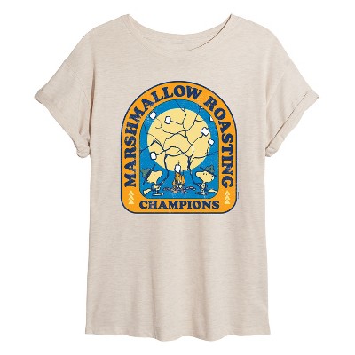 Women's - Peanuts - Woodstock Beagle Scouts Marshmallow Roasting Oversized Graphic T-Shirt