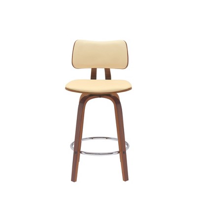 HomeRoots 26" Cream And Wood Brown Faux Leather Swivel Low Back Counter Height Bar Chair