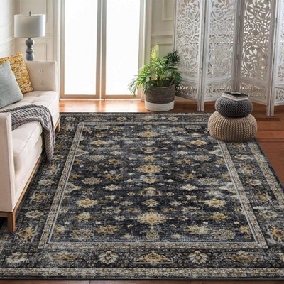 Vintage Washable Area Rug for Bedroom, Distressed Non Slip Non-Shedding Floral Soft Throw Rugs for Living Room Dining
