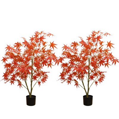 2Pack Autumn Maple Artificial Fall Tree,Faux Red Maple Leaves Silk Maple Tree  with Planter for Thanksgiving Harvest Fall Festival Party Home Decor