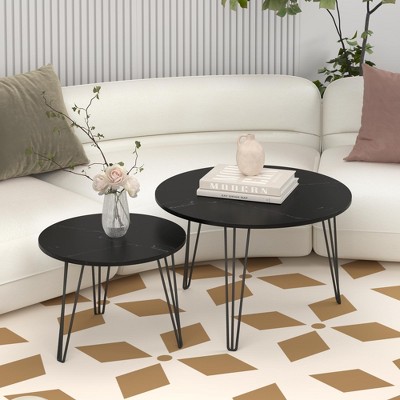 Round Nesting Coffee Table Cocktail Table Center Table End Table SIde Table, Rustic Brown/Black/White-ModernLuxe