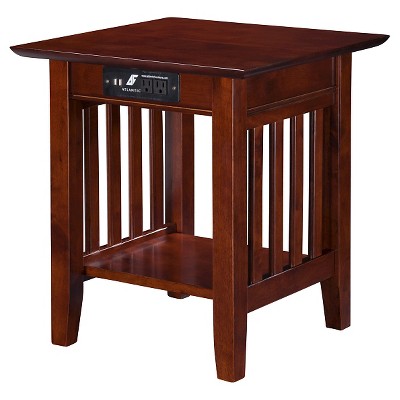 AFI Mission End Table with Charger Walnut : Square Accent Table with Shelf, Satin Finish, Wood Legs