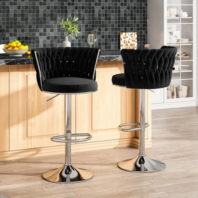 Hooseng Bar Stools Set of 2, Velvet Upholstered Bar Chairs with Black Metal Legs, Backs and Footrest Counter Height Bar Stools