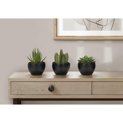 Artificial Plant, 6" Tall, Succulent, Indoor, Faux, Fake, Table, Greenery, Potted, Set Of 3, Decorative, Green Plants, Black Pots