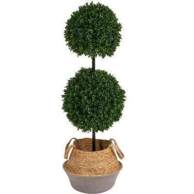 Nearly Natural 3.5-ft Boxwood Double Ball Artificial Topiary Tree in Boho Chic Handmade Cotton & Jute Gray Woven Planter UV Resistant (Indoor/Outdoor)