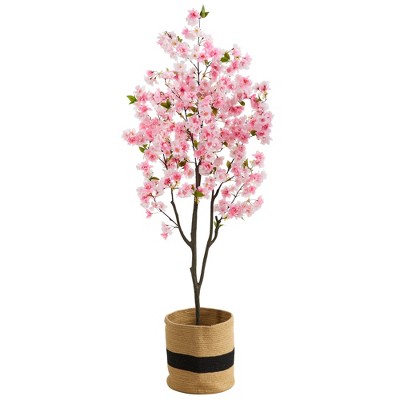 Nearly Natural 6-ft Artificial Cherry Blossom Tree with Handmade Jute & Cotton Basket