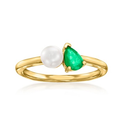 Ross-Simons 5mm Cultured Pearl and .30 Carat Emerald Toi Et Moi Ring in 14kt Yellow Gold