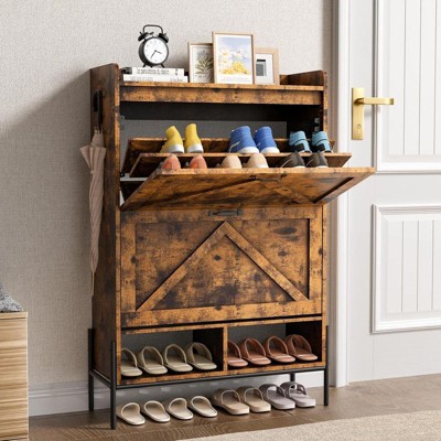 Coolmee Shoe Storage Cabinet for Entryway, Shoe Organizer with 2 Flip Drawers, Freestanding Narrow Shoe Racks Cabinet Organizer for Entryway
