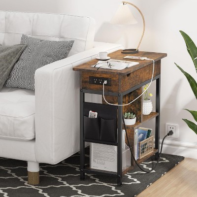 End Table with Charging Station, Flip Top Side Table, 3 Tier Small Sofa Couch Table with USB Ports and Outlets,for Living Room Bedroom