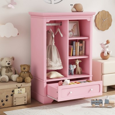 KTMBDW Open Hanging Closet Wardrobe for Children, Kids Armoire & Costume Organizer with hanging rod & drawer for Bedroom Playroom Preschools Classroom