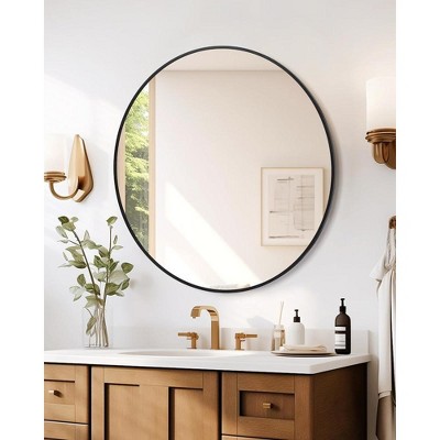Whizmax 5mm Thick Round Mirror, Matte Black Aluminum Alloy Framed Bathroom Mirror, HD Eco-Friendly Mirror for  Living Room, Vanity