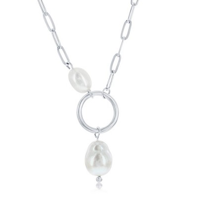 Bella Silver Sterling Silver, Freshwater Pearl Paperclip Necklace - White - 16+2 Inch