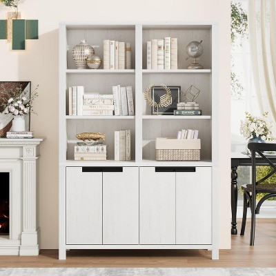 Tall Bookshelf w/Doors & Adjustable Shelf,5-Tier Double Wide Bookcase with Cabinet and Double Storage