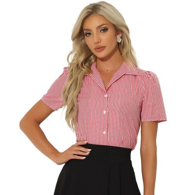 Allegra K Women's Plaid Puff Sleeves Vintage Summer Gingham Blouse